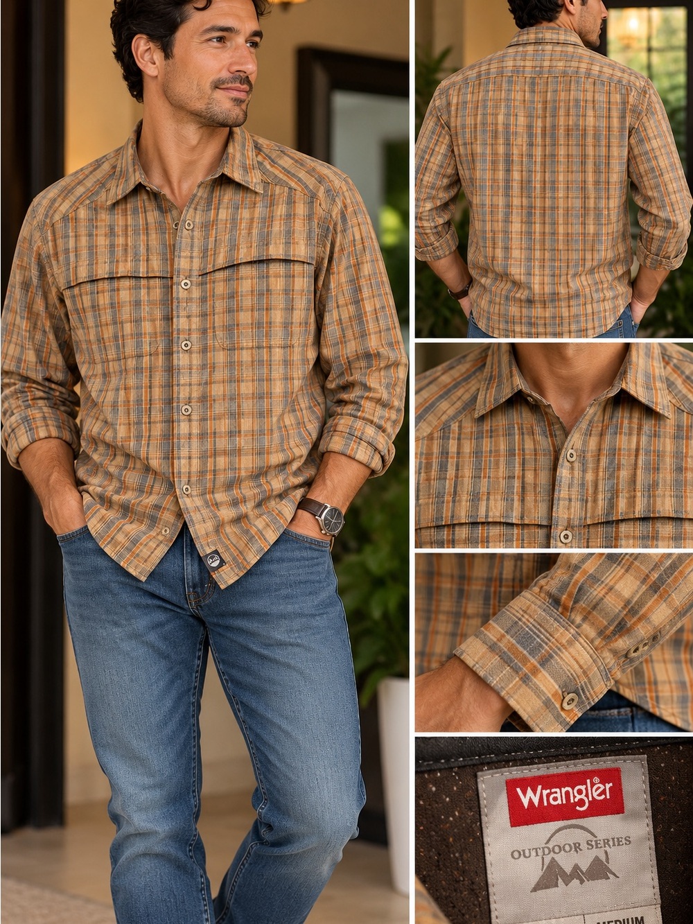 Wrangler Outdoor Series Men’s Medium Plaid Vented Hiking Shirt